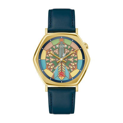 Bulova Men's Frank Lloyd Wright Imperial Hotel Quartz Gold-Tone Stainless Steel Watch with Blue Leather Strap