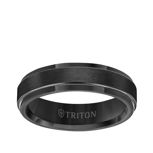Triton Men's Step Edge Statin Finish Wedding Ring in Black Tungsten Carbide