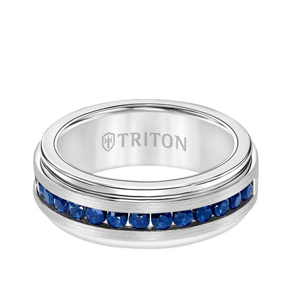 Triton Men's Sapphire Channel Set Satin Finish Wedding Ring in Tungsten Carbide front view