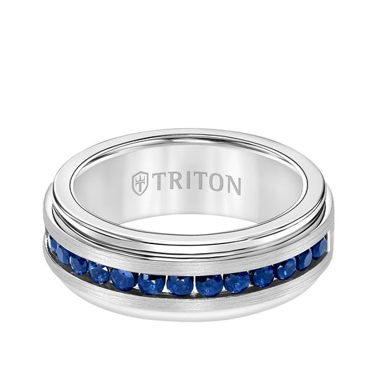 Triton Men's Sapphire Channel Set Satin Finish Wedding Ring in Tungsten Carbide front view