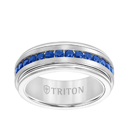 Triton Men's Sapphire Channel Set Satin Finish Wedding Ring in Tungsten Carbide
