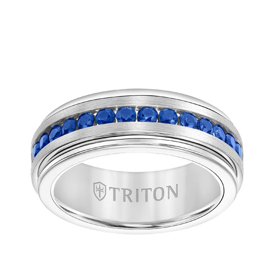 Triton Men's Sapphire Channel Set Satin Finish Wedding Ring in Tungsten Carbide
