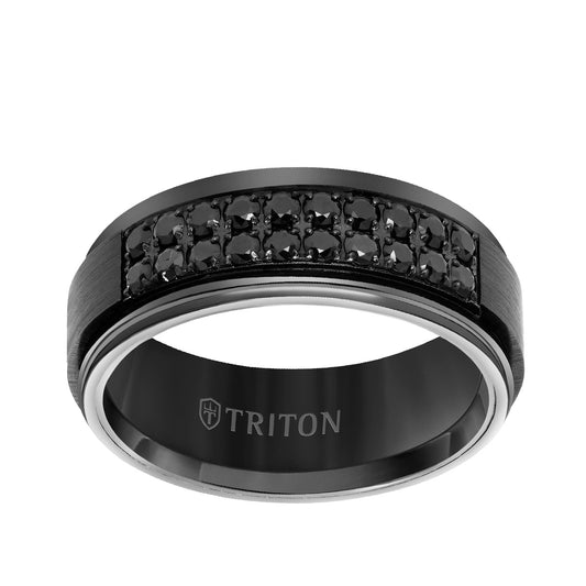 Triton Men's Black Sapphire Two Row Satin Finish Wedding Ring in Black Tungsten Carbide