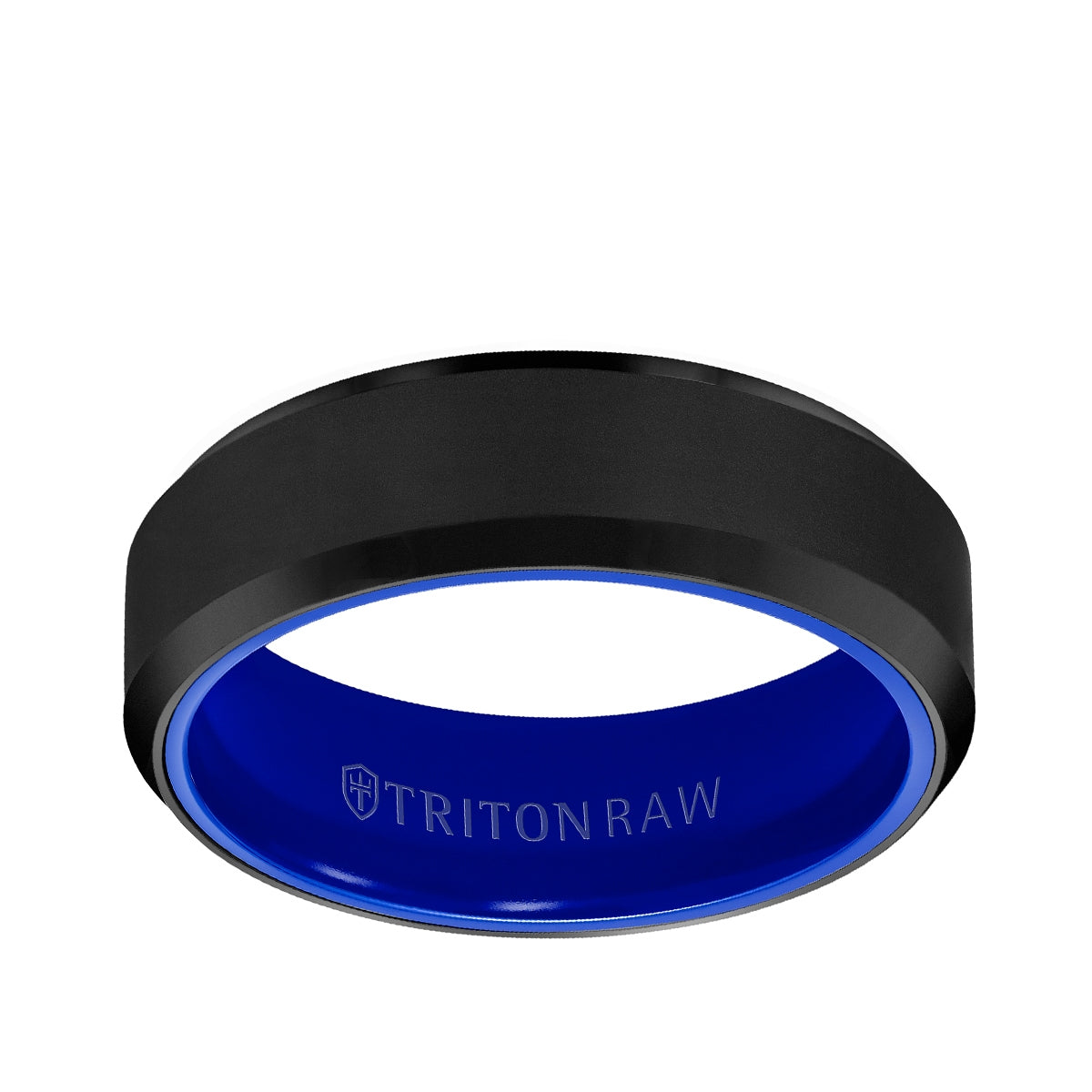 Triton Men's Blue Ceramic Interior Wedding Ring in Raw Black Tungsten Carbide