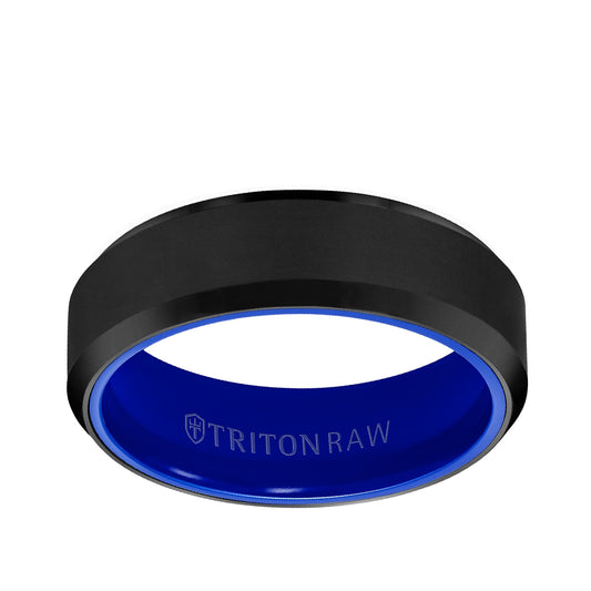 Triton Men's Blue Ceramic Interior Wedding Ring in Raw Black Tungsten Carbide