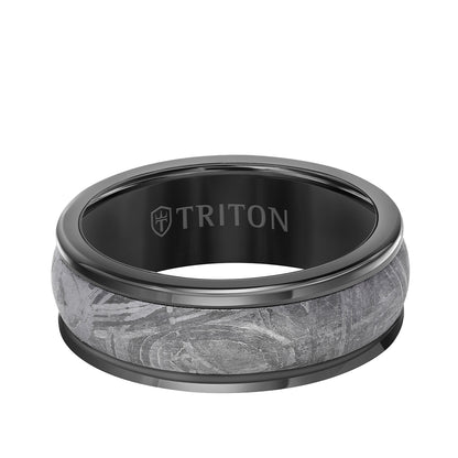 Triton Men's Meteorite Inlay Wedding Ring in Black Tungsten Carbide front view