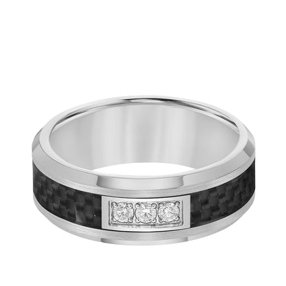 Triton 1/7 ct. tw. Men's Round 3-Stone Diamond Carbon Fiber Inlay Wedding Ring in Tungsten Carbide front view