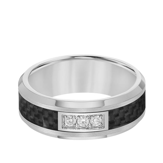 Triton 1/7 ct. tw. Men's Round 3-Stone Diamond Carbon Fiber Inlay Wedding Ring in Tungsten Carbide front view