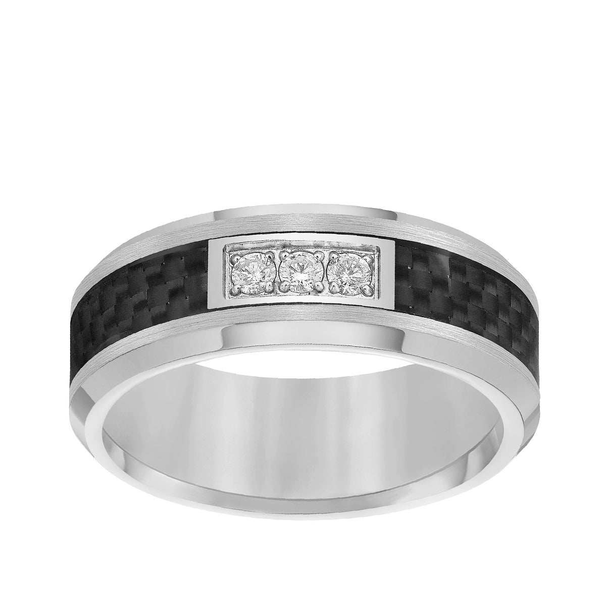 Triton 1/7 ct. tw. Men's Round 3-Stone Diamond Carbon Fiber Inlay Wedding Ring in Tungsten Carbide