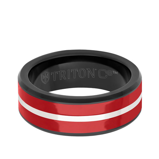 Triton Men's Red Ceramic Inlay with White Center Line Wedding Ring in Black Tungsten Carbide front view