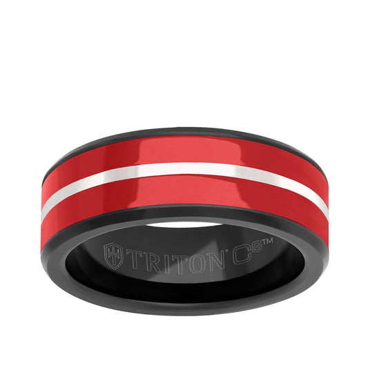 Triton Men's Red Ceramic Inlay with White Center Line Wedding Ring in Black Tungsten Carbide
