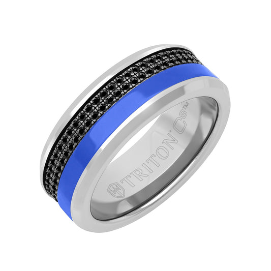 Triton Men's Black Sapphire & Blue Ceramic Inlay Wedding Ring in Tungsten Carbide front view