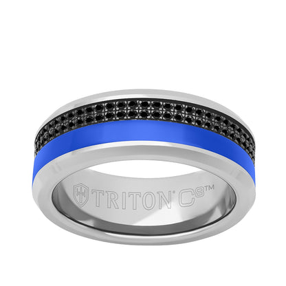 Triton Men's Black Sapphire & Blue Ceramic Inlay Wedding Ring in Tungsten Carbide