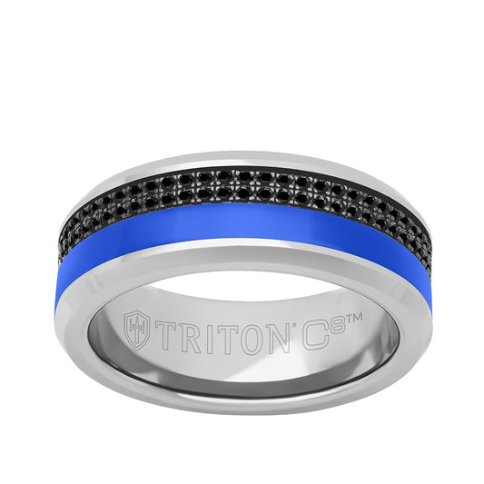 Triton Men's Black Sapphire & Blue Ceramic Inlay Wedding Ring in Tungsten Carbide