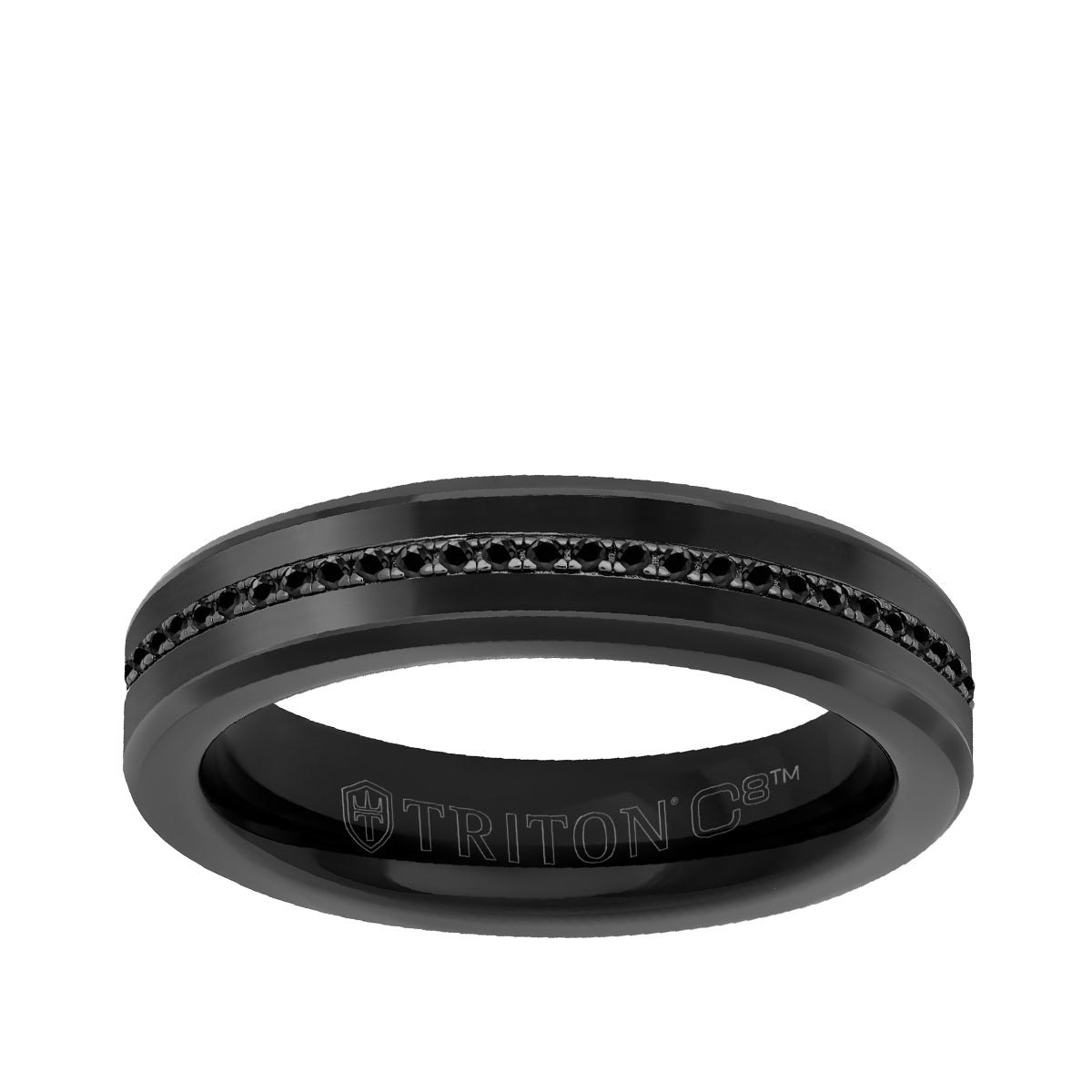 Triton Men's Black Sapphire Ceramic Inlay Eternity Wedding Ring in Black Tungsten Carbide
