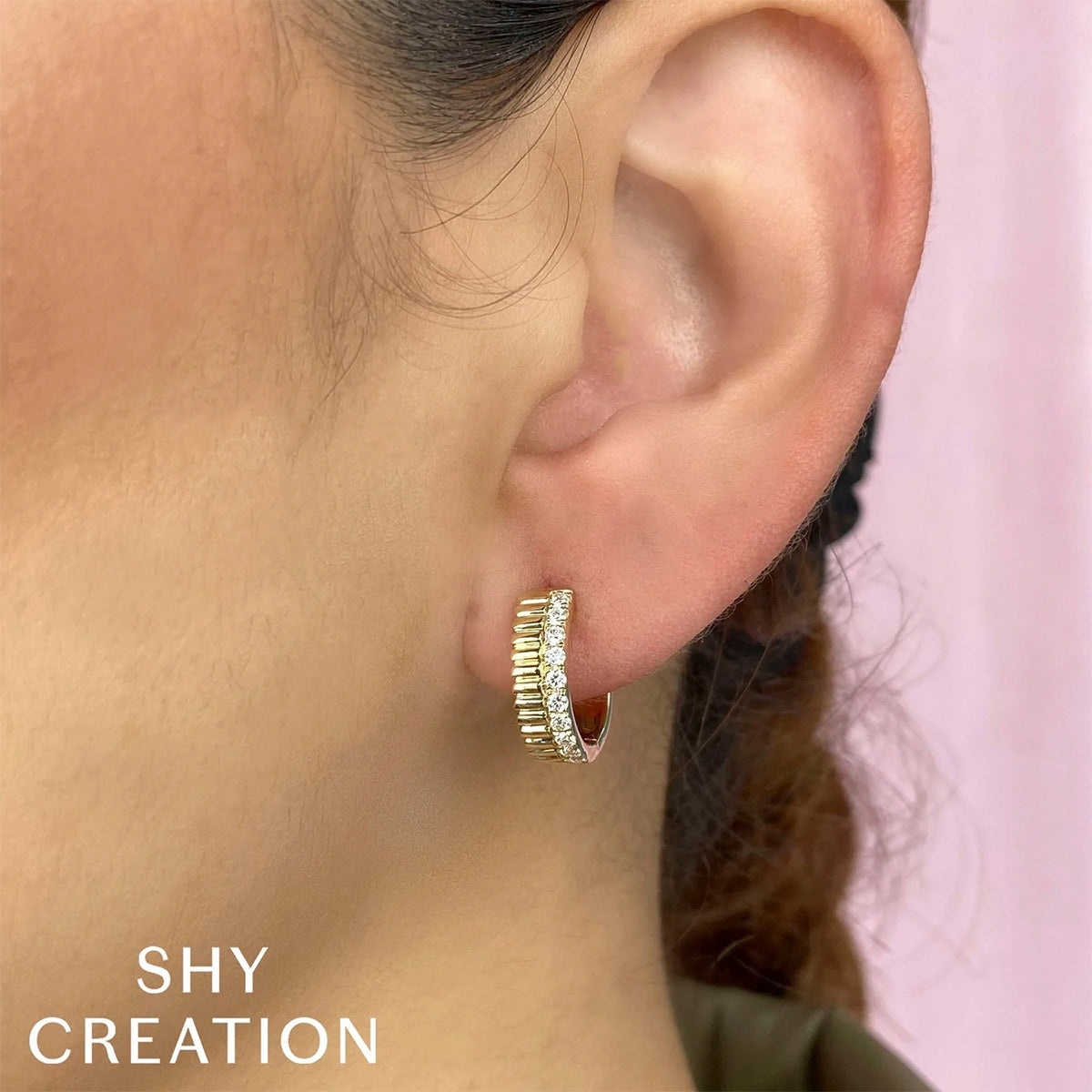 Shy Creation 1/3 ct. tw. Diamond Coin-Edge Huggie Hoop Earrings in 14K Yellow Gold front view
