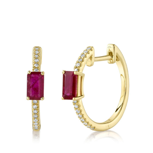 Shy Creation Emerald Cut Ruby & 1/10 ct. tw. Diamond Hoop Earrings in 14K Yellow Gold