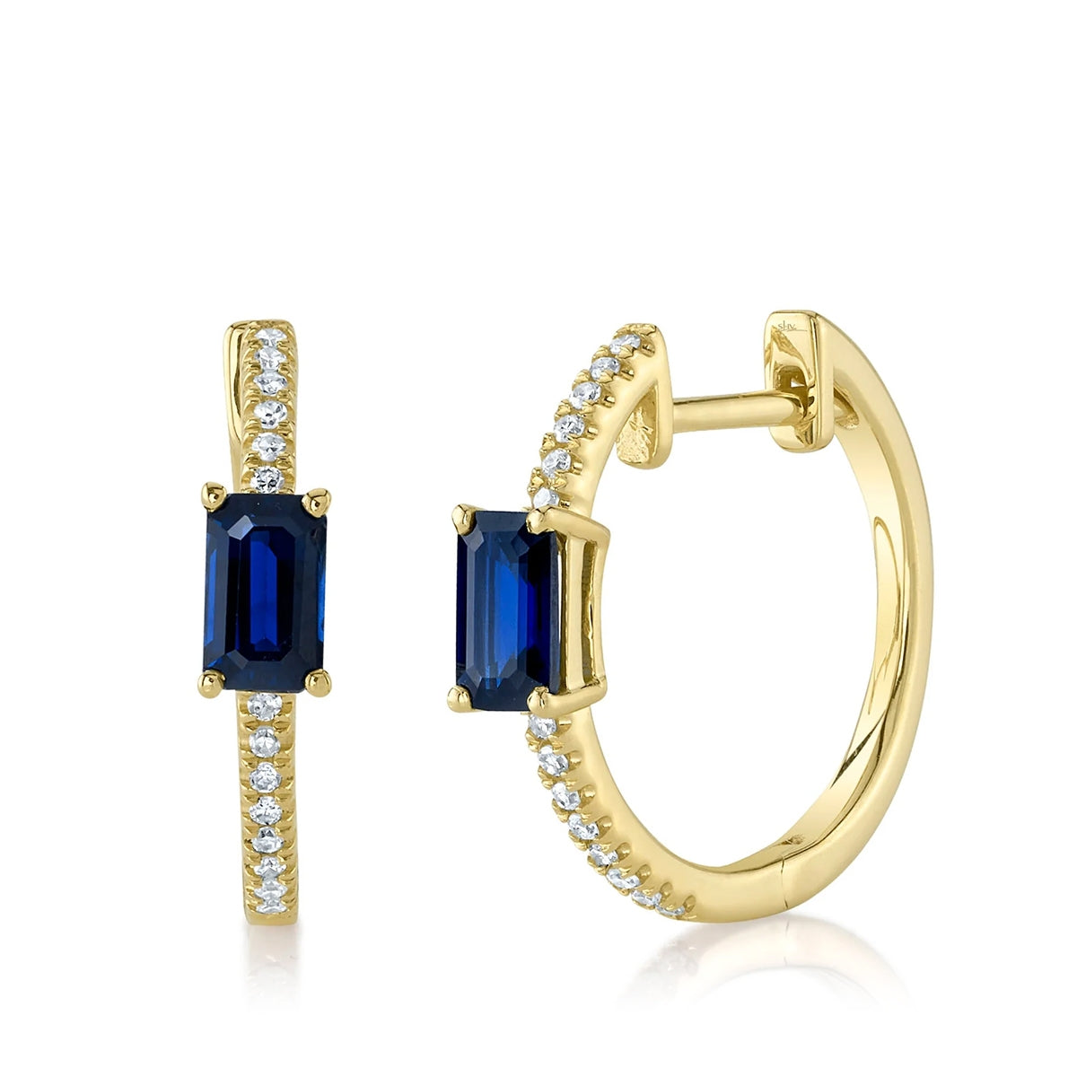 Shy Creation Emerald Cut Sapphire & 1/10 ct. tw. Diamond Hoop Earrings in 14K Yellow Gold