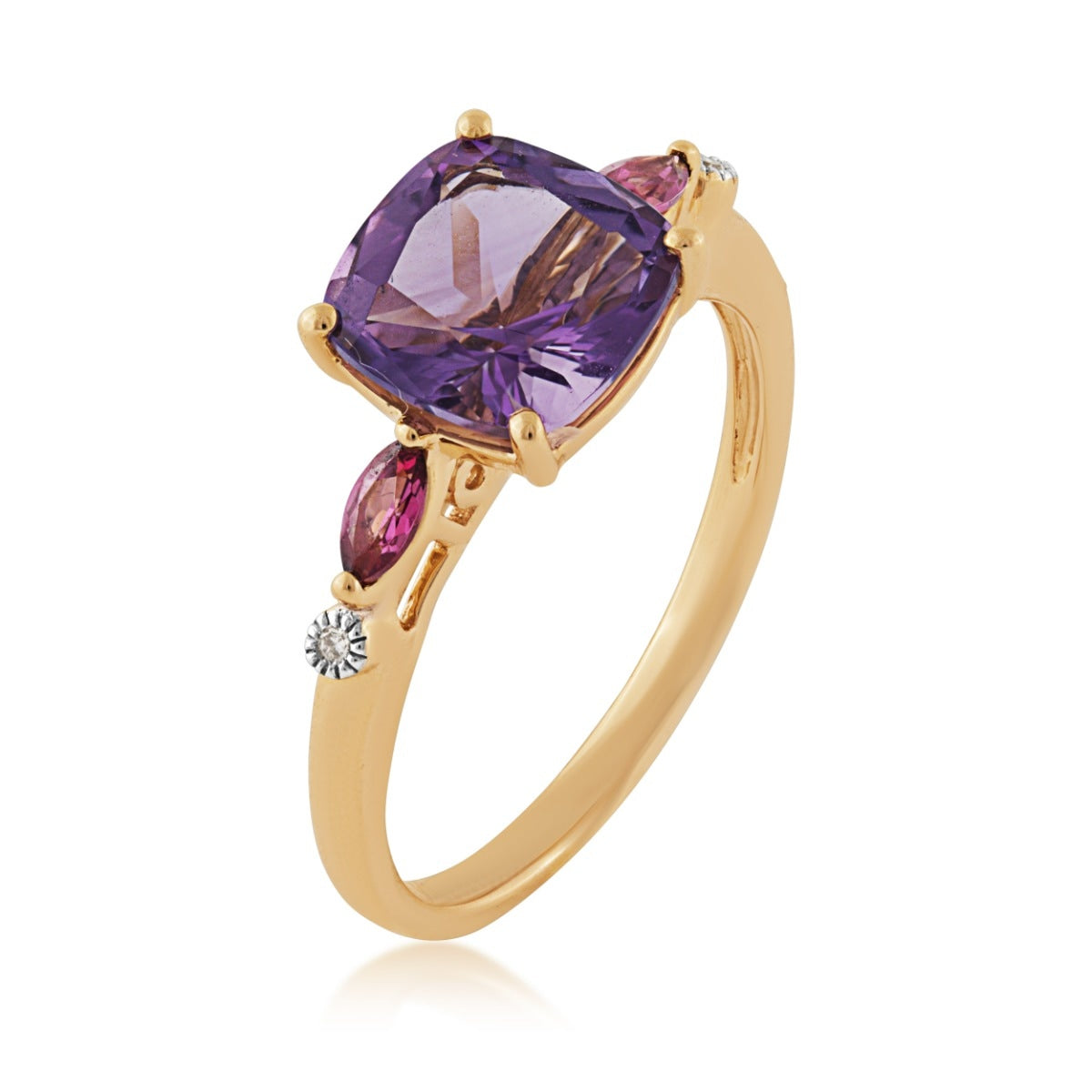 Cushion Amethyst, Marquise Rhodolite Garnet, & Diamond Accent Ring in 10K Yellow Gold front view