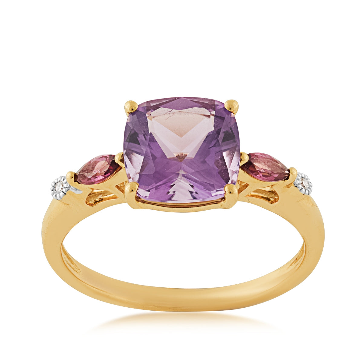 Cushion Amethyst, Marquise Rhodolite Garnet, & Diamond Accent Ring in 10K Yellow Gold