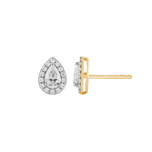 1 ct. tw. Pear Diamond Halo Earrings in 14K Yellow Gold with Rhodium Plated Prongs