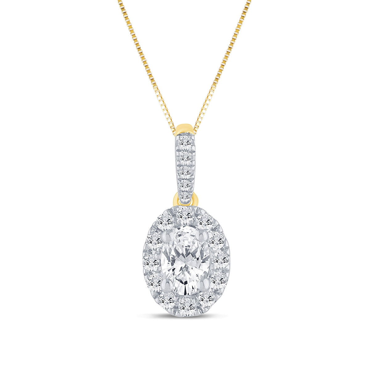 3/4 ct. tw. Oval Diamond Halo Pendant in 14K Yellow Gold with Rhodium Plated Prongs