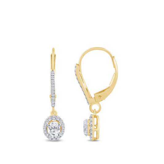 1 ct. tw. Oval Diamond Halo Dangle Earrings in 14K Yellow Gold with Rhodium Plated Prongs