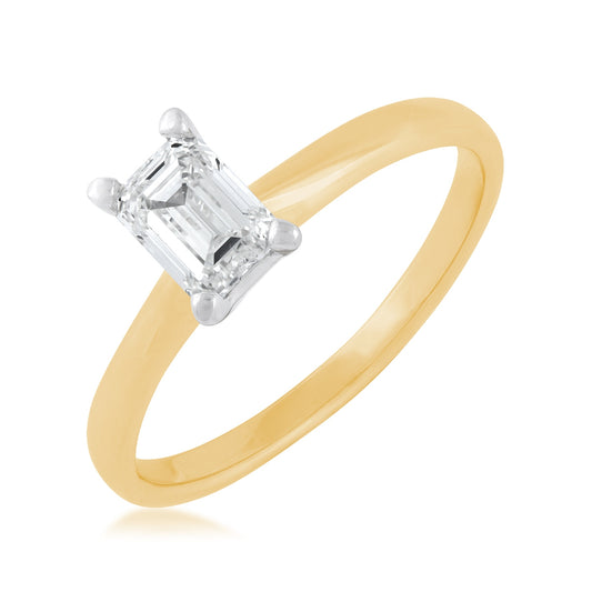 Natural 3/4 ct. tw. Emerald Cut Diamond Solitaire Engagement Ring in 14K Yellow & White Gold front view
