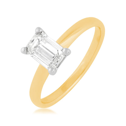Natural 1 ct. tw. Emerald Cut Diamond Solitaire Engagement Ring in 14K Yellow & White Gold front view