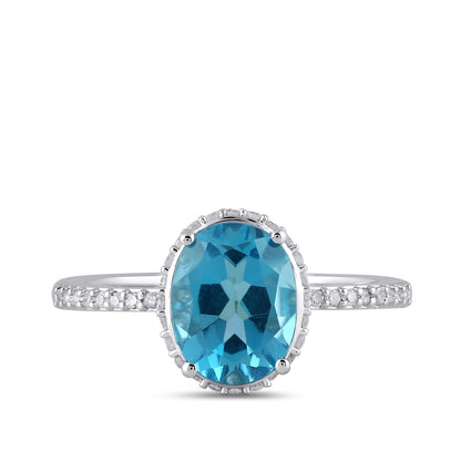 Oval Swiss Blue Topaz & 1/4 ct. tw. Diamond Double Halo Ring in 10K White Gold close-up detail