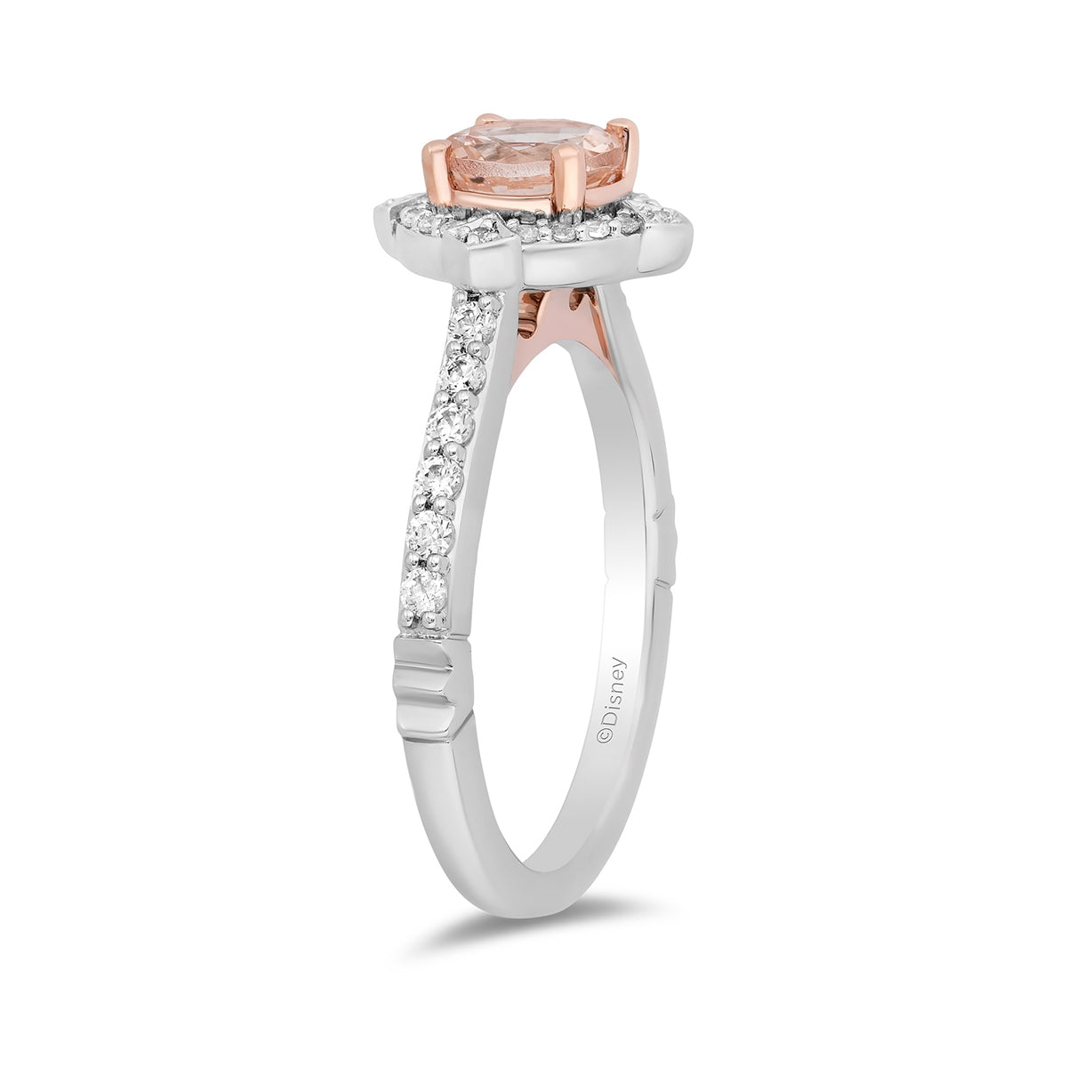 Enchanted Disney Vault Aurora Round Morganite & 1/3 ct. tw. Diamond Halo Ring in 14K White & Pink Gold front view