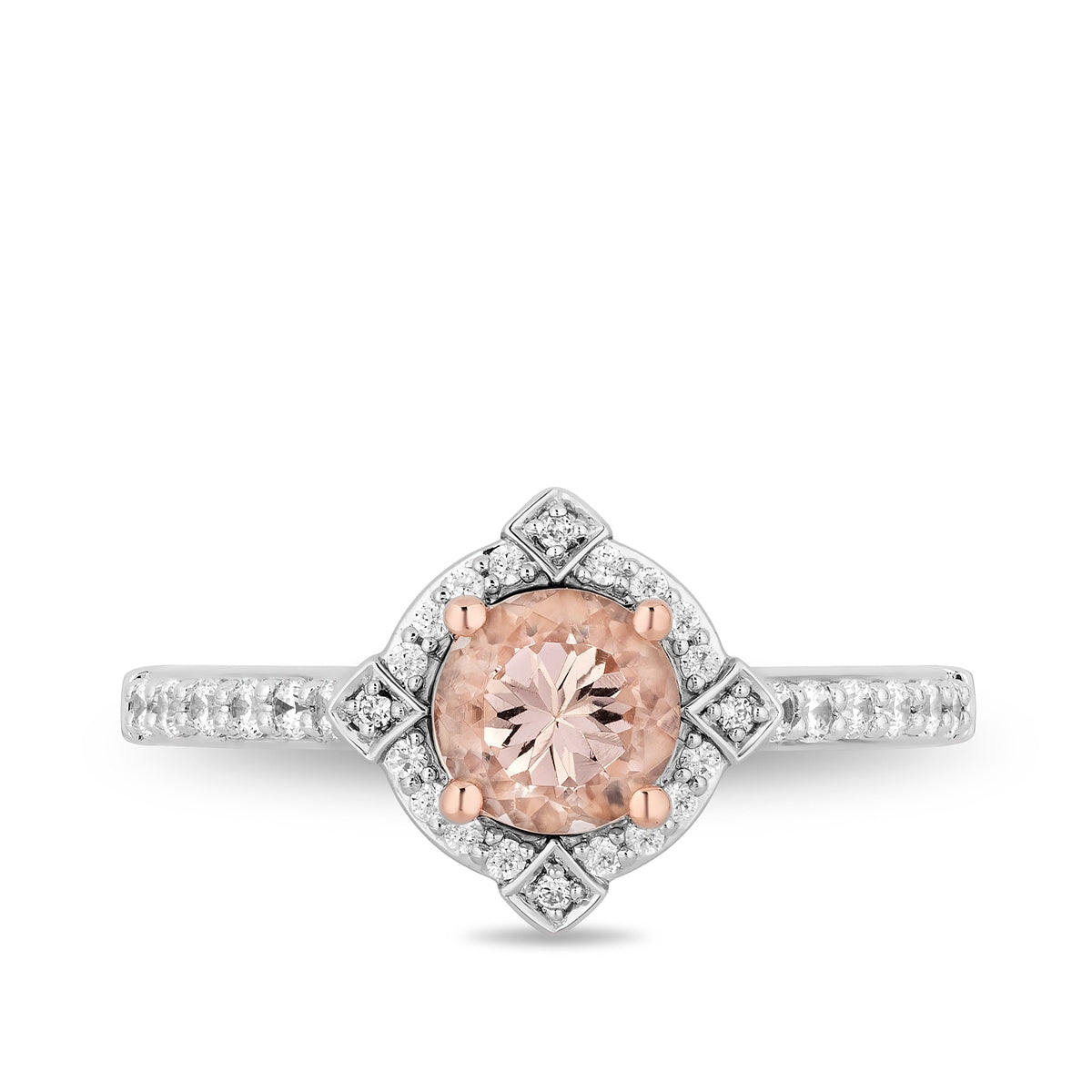 Enchanted Disney Vault Aurora Round Morganite & 1/3 ct. tw. Diamond Halo Ring in 14K White & Pink Gold close-up detail