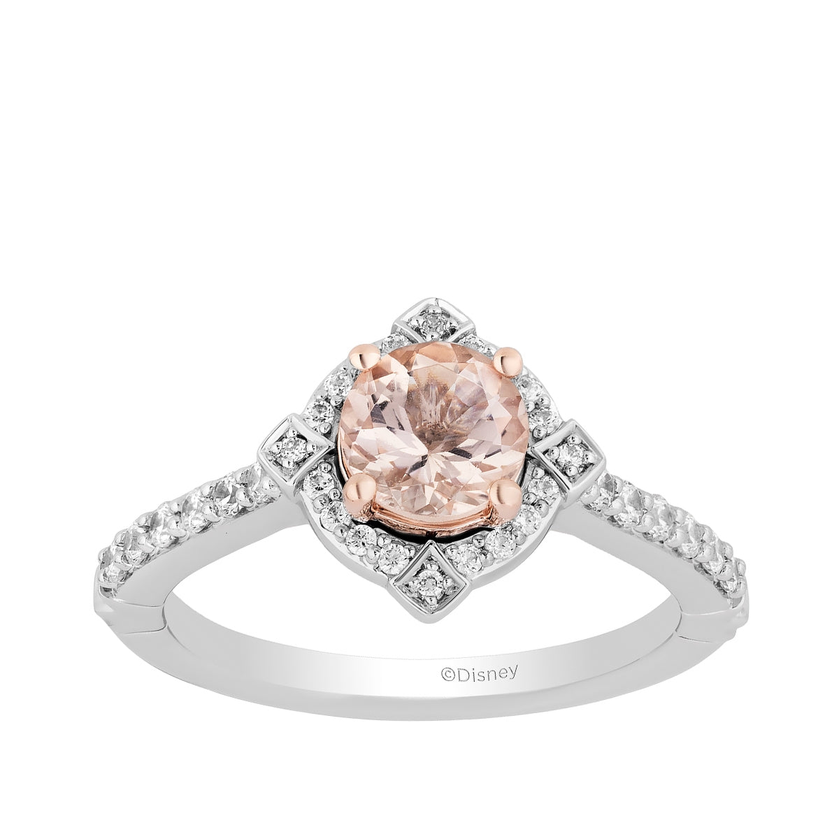 Enchanted Disney Vault Aurora Round Morganite & 1/3 ct. tw. Diamond Halo Ring in 14K White & Pink Gold