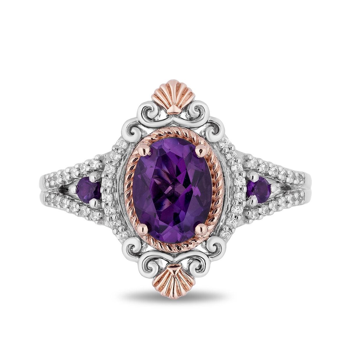 Enchanted Disney Vault Ariel Oval Amethyst & 1/7 ct. tw. Diamond Ring in Sterling Silver & 14K Pink Gold front view