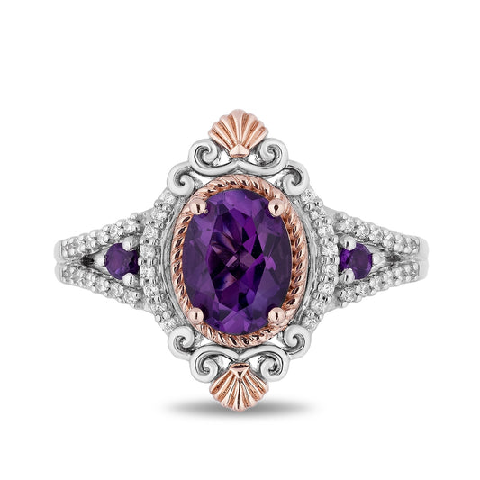 Enchanted Disney Vault Ariel Oval Amethyst & 1/7 ct. tw. Diamond Ring in Sterling Silver & 14K Pink Gold front view