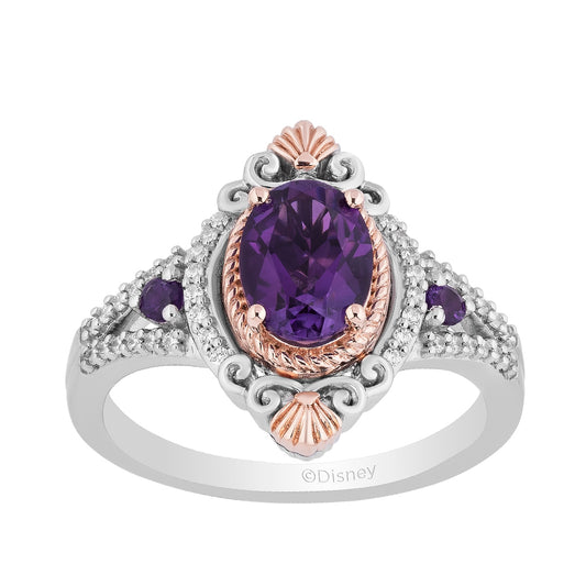 Enchanted Disney Vault Ariel Oval Amethyst & 1/7 ct. tw. Diamond Ring in Sterling Silver & 14K Pink Gold