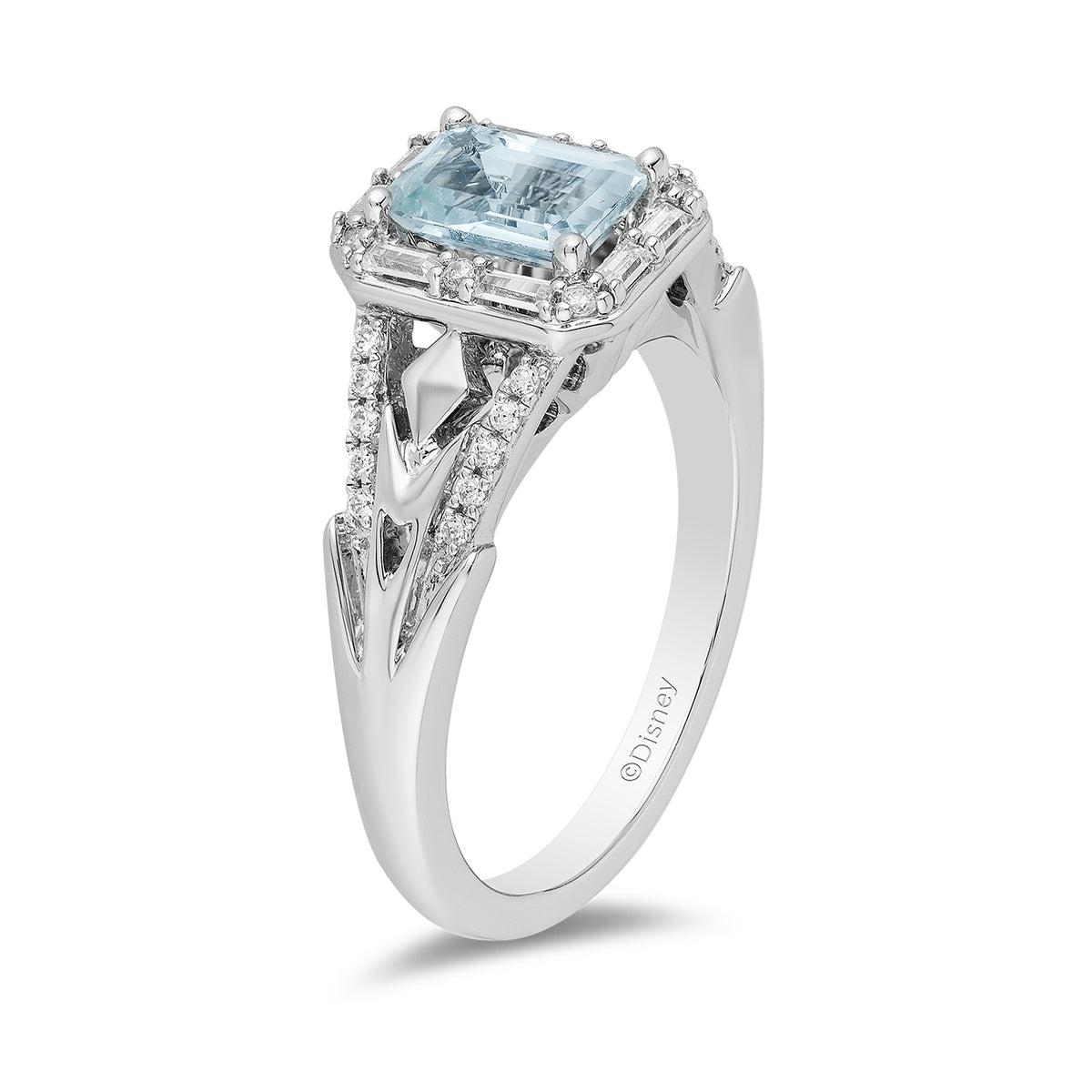 Enchanted Disney Vault Elsa Emerald Cut Aquamarine & 3/8 ct. tw. Baguette & Round Diamond Halo Ring in 14K White front view