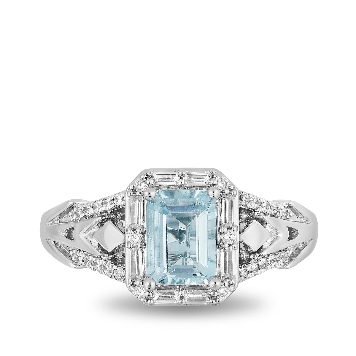Enchanted Disney Vault Elsa Emerald Cut Aquamarine & 3/8 ct. tw. Baguette & Round Diamond Halo Ring in 14K close-up detail