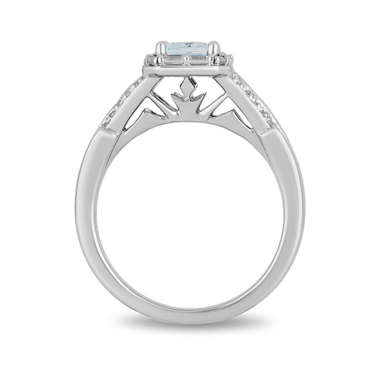 Enchanted Disney Vault Elsa Emerald Cut Aquamarine & 3/8 ct. tw. Baguette & Round Diamond Halo Ring in 14K White side profile