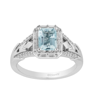 GOLD TAG Enchanted Disney Vault Elsa Emerald Cut Aquamarine & 3/8 ct. tw. Baguette & Round Diamond Halo Ring in 14K White Gold