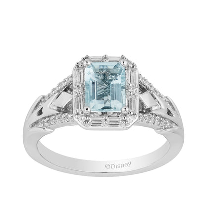 Enchanted Disney Vault Elsa Emerald Cut Aquamarine & 3/8 ct. tw. Baguette & Round Diamond Halo Ring in 14K White Gold