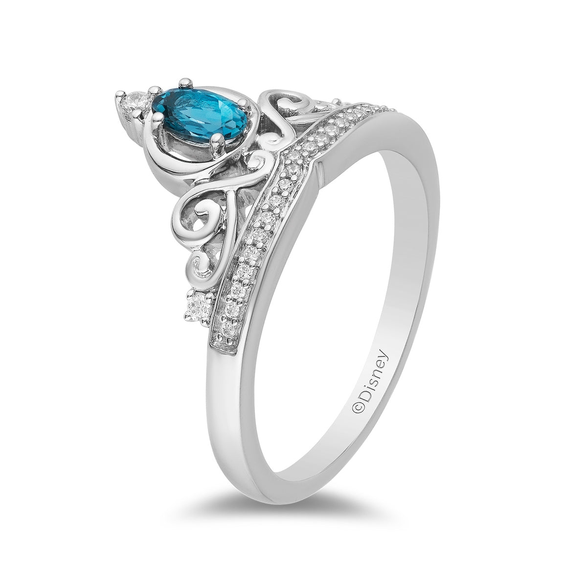 Enchanted Disney Vault Cinderella Oval London Blue Topaz & 1/10 ct. tw. Diamond Tiara Ring in Sterling Silver front view