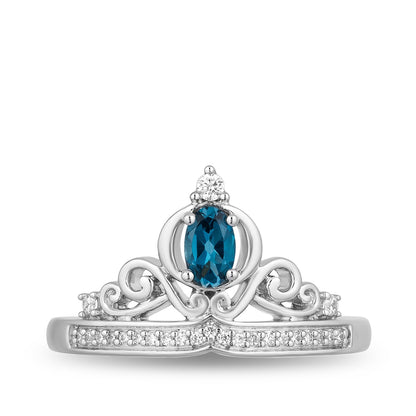 Enchanted Disney Vault Cinderella Oval London Blue Topaz & 1/10 ct. tw. Diamond Tiara Ring in Sterling Silver close-up detail