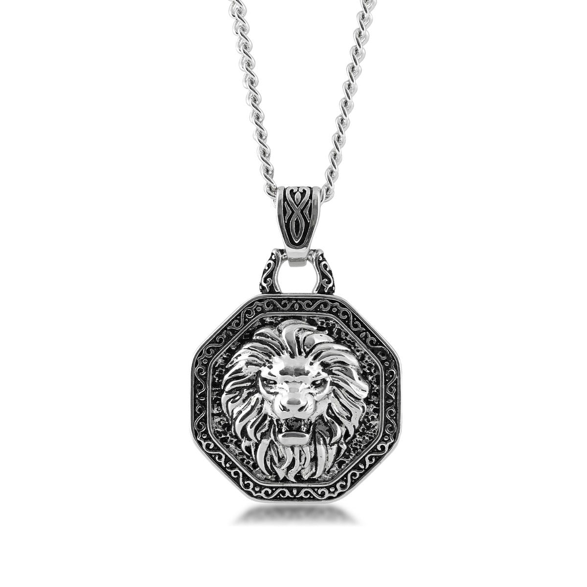 Men's Lion Medallion Pendant with Black Antiquing in Sterling Silver