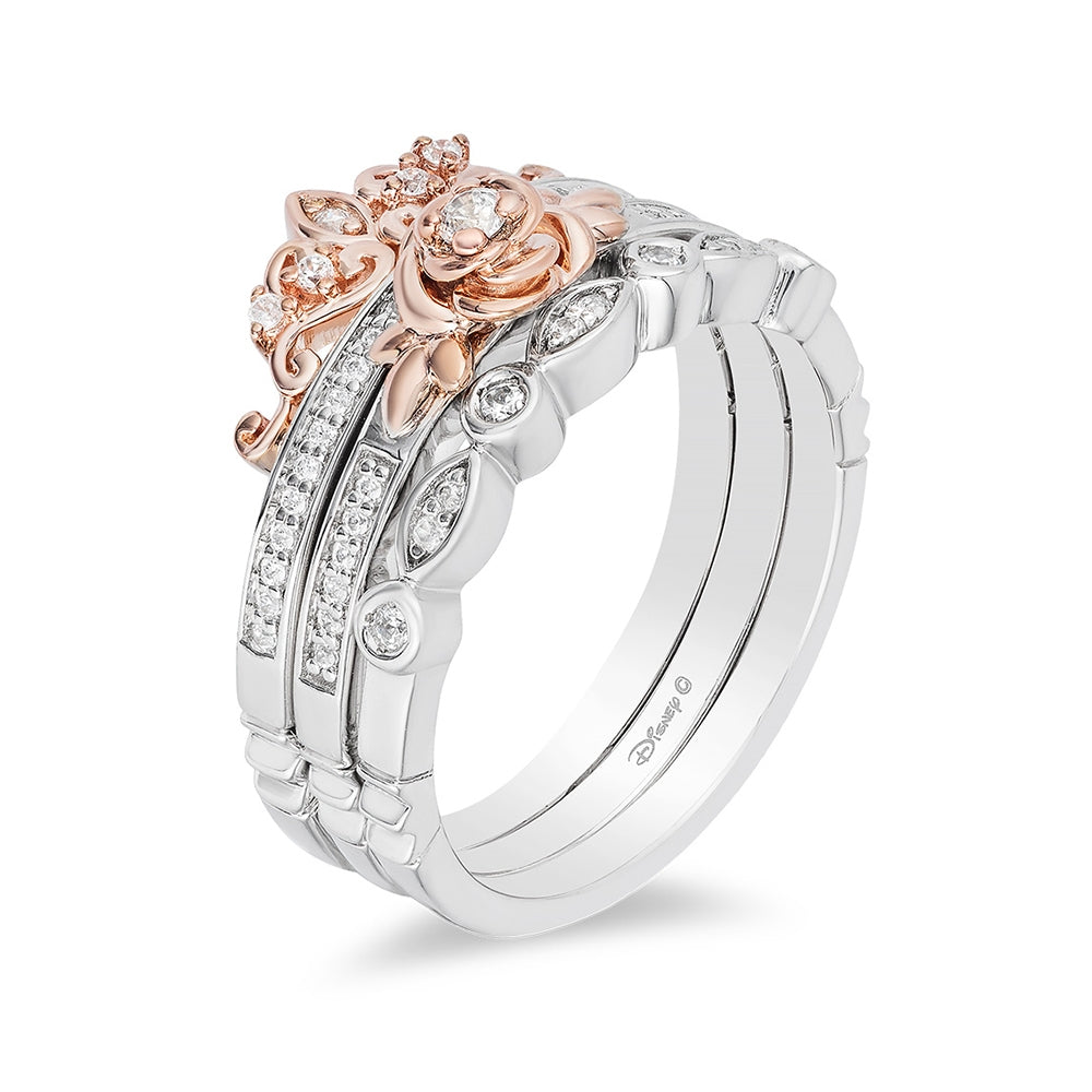 Enchanted Disney Vault Belle 1/5 ct. tw. Diamond Rose & Tiara Stackable Ring Set in Sterling Silver & 10K Pink front view