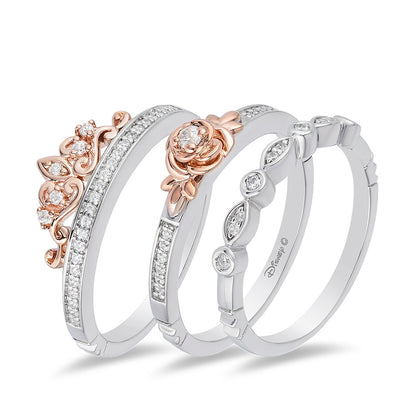 Enchanted Disney Vault Belle 1/5 ct. tw. Diamond Rose & Tiara Stackable Ring Set in Sterling Silver & 10K close-up detail