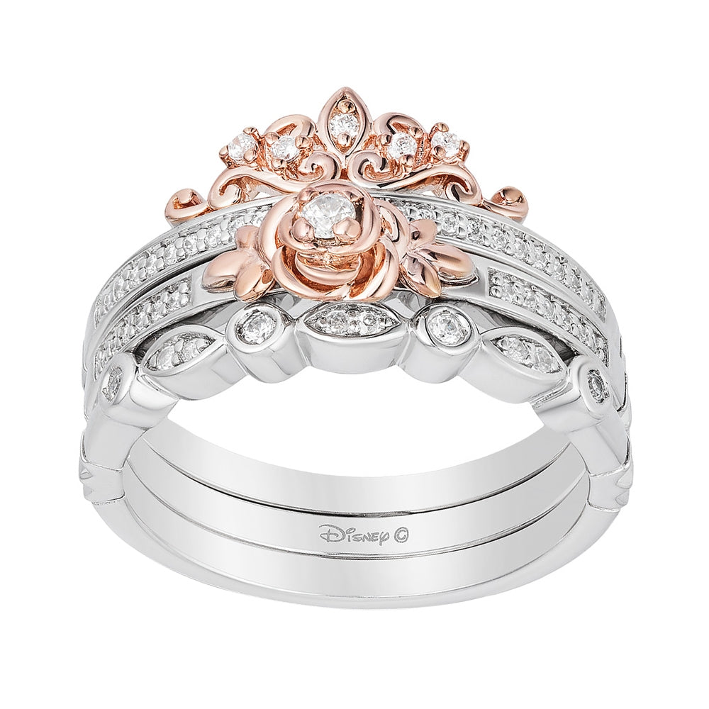 Enchanted Disney Vault Belle 1/5 ct. tw. Diamond Rose & Tiara Stackable Ring Set in Sterling Silver & 10K Pink Gold