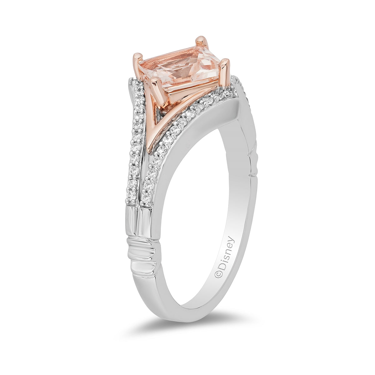Enchanted Disney Vault Aurora Princess Cut Morganite & 1/5 ct. tw. Diamond Ring in Sterling Silver & 10K Pink Gold front view