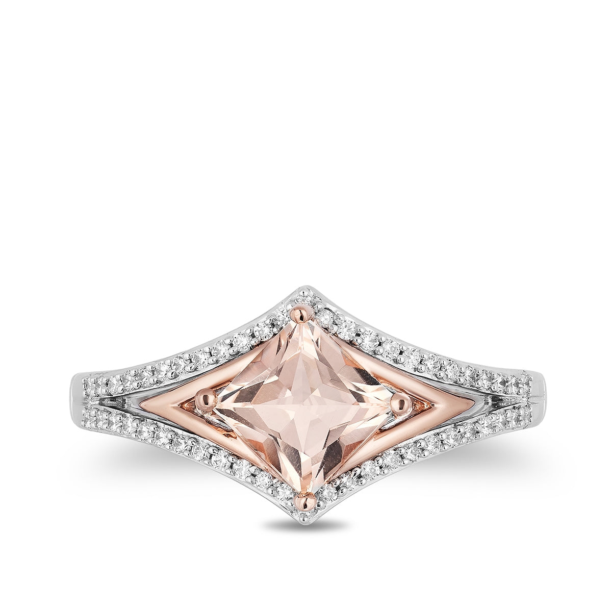 Enchanted Disney Vault Aurora Princess Cut Morganite & 1/5 ct. tw. Diamond Ring in Sterling Silver & 10K Pink close-up detail