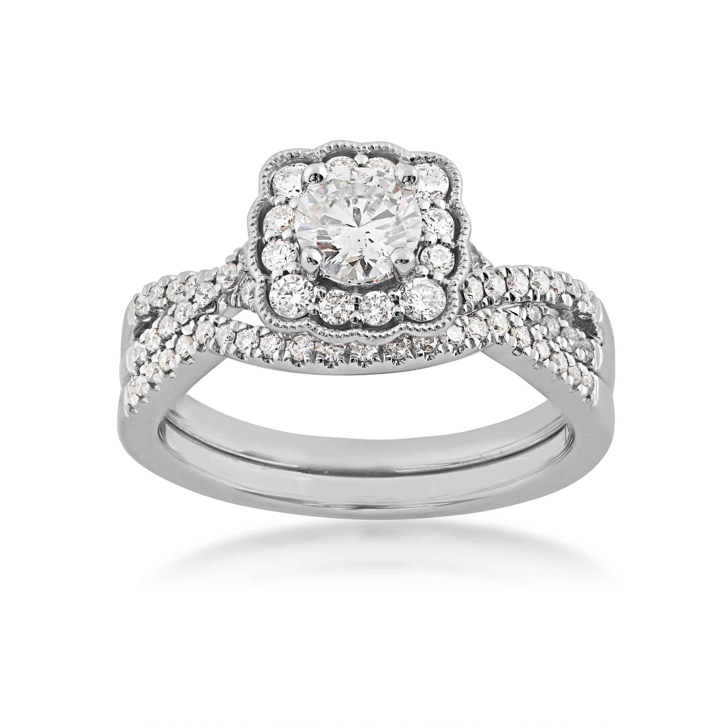Natural 1 ct. tw. Round Brilliant Diamond Square Scalloped Halo Wedding Set in 14K White Gold